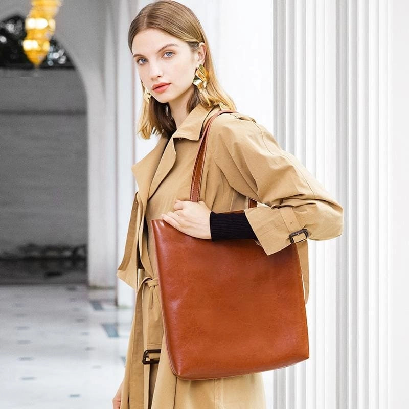 Women's Brown Classy Leather Tote Bag Fashion Handbags | PRUSES-2