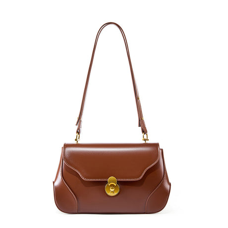 Women’s Brown Minimalist Leather Shoulder Bag Flap Baguette Bag with Buckle