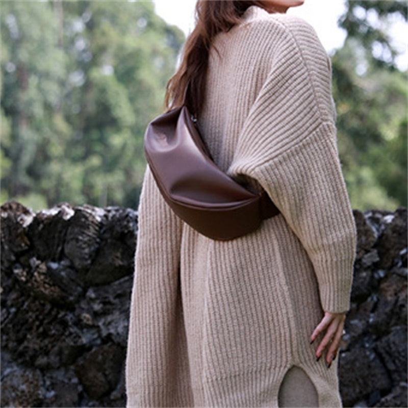 Women's Chocolate Brown Leather Hobo Bag Retro Half Moon Bag wtih Zipper | PRUSES-1