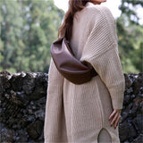 Women's Chocolate Brown Leather Hobo Bag Retro Half Moon Bag wtih Zipper | PRUSES-1