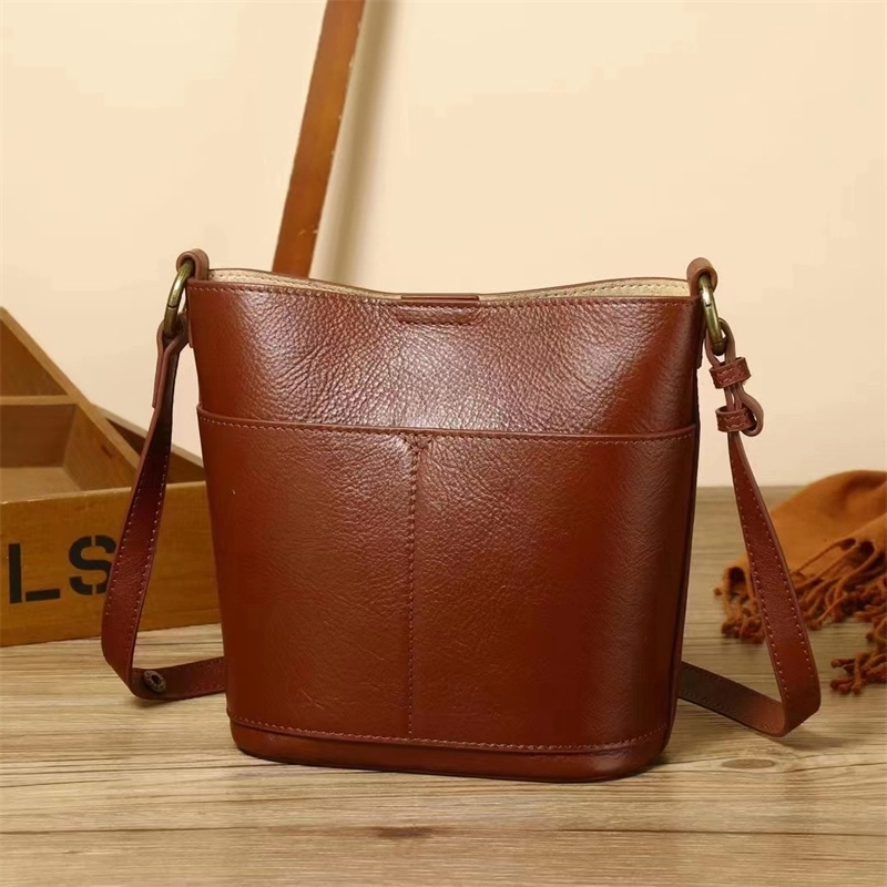 Women's Coffee Retro Leather Shoulder Mini Bucket Bags-1