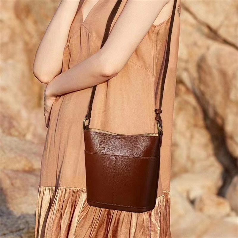 Women's Coffee Retro Leather Shoulder Mini Bucket Bags-3