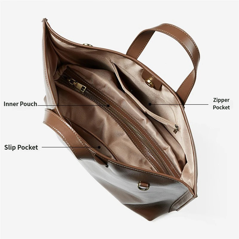 Open brown leather bag with labeled pockets 