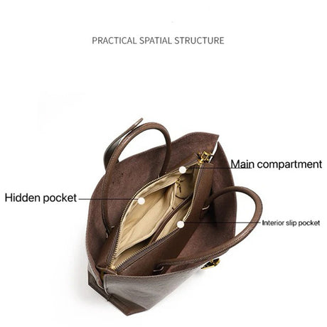 Coffee leather bag with labeled compartments on a white background