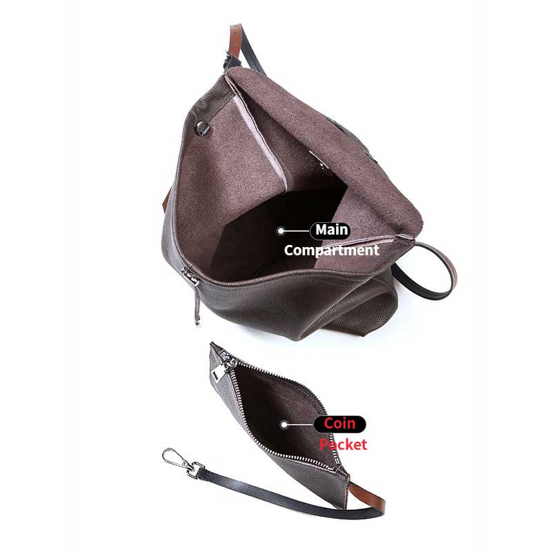 coffee Leather bag with labeled compartments and Coin pocket