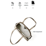 gray handbag with labeled compartments 