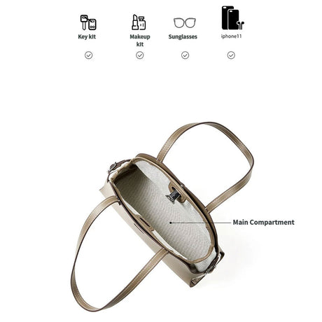 gray handbag with labeled compartments 