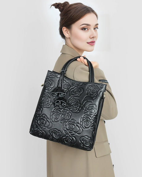 Cowhide Rose-Embossed Crossbody Tote Bag