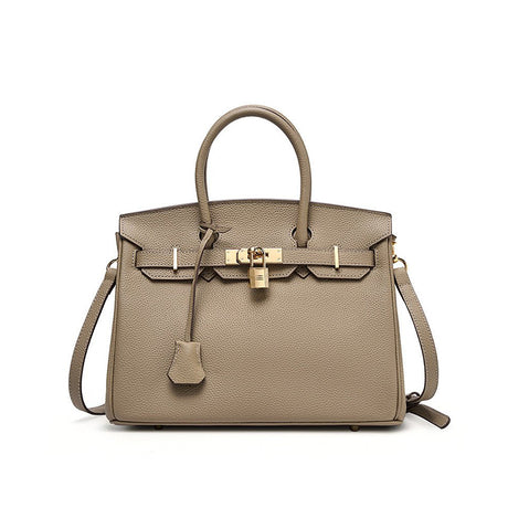 gray Full-Grain Leather Structured Top-Handle Bag