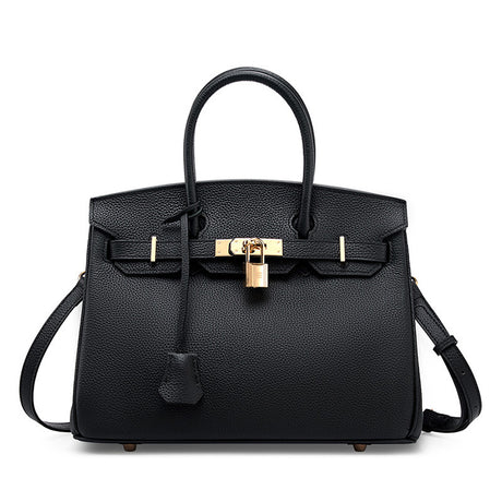 black Full-Grain Leather Structured Top-Handle Bag