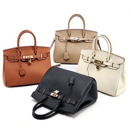 Four Top-Handle Bag in golden brown, gray, black, and creamy white 