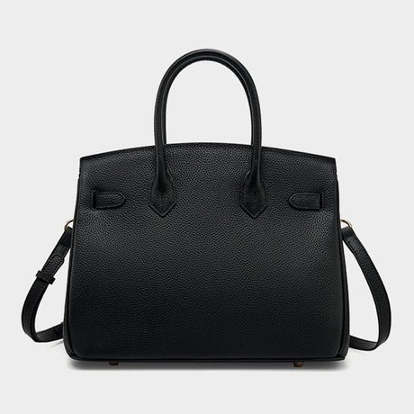 black Full-Grain Leather Structured Top-Handle Bag back view