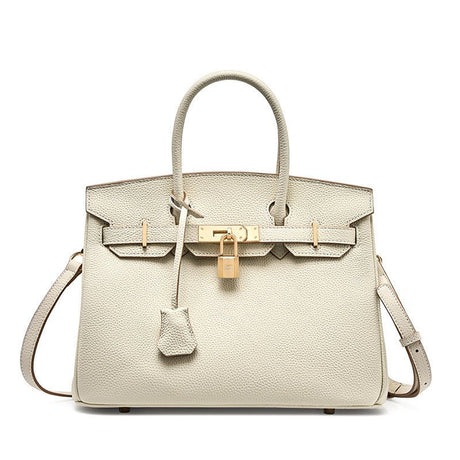creamy white Full-Grain Leather Structured Top-Handle Bag