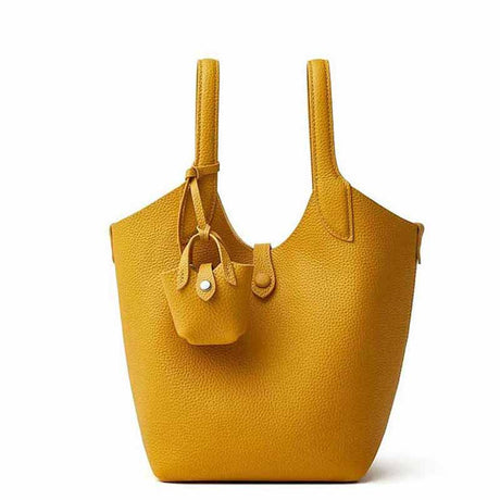 yellow Genuine Leather Bucket Bag with Mini Pouch