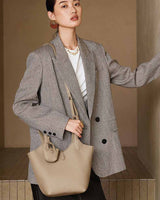 Women's gray Leather Bucket crossbody bag with Mini Pouch 