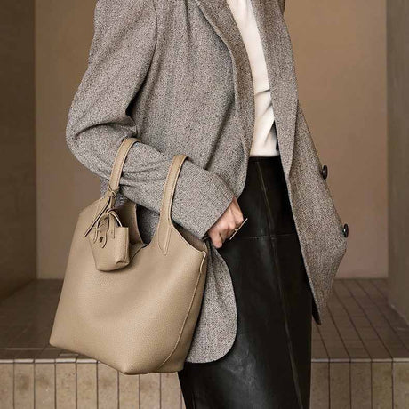 Women's gray Genuine Leather Bucket handag with Mini Pouch 