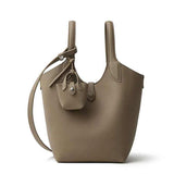 gray Genuine Leather Bucket Bag with Mini Pouch