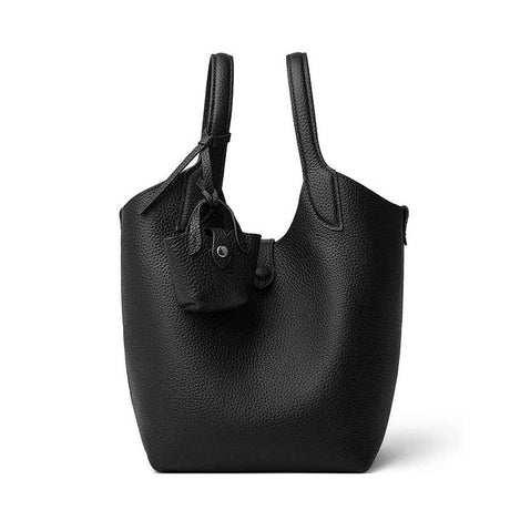 black Genuine Leather Bucket Bag with Mini Pouch 