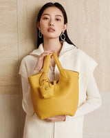 Women's yellow  Leather Bucket bucket handbag with Mini Pouch 