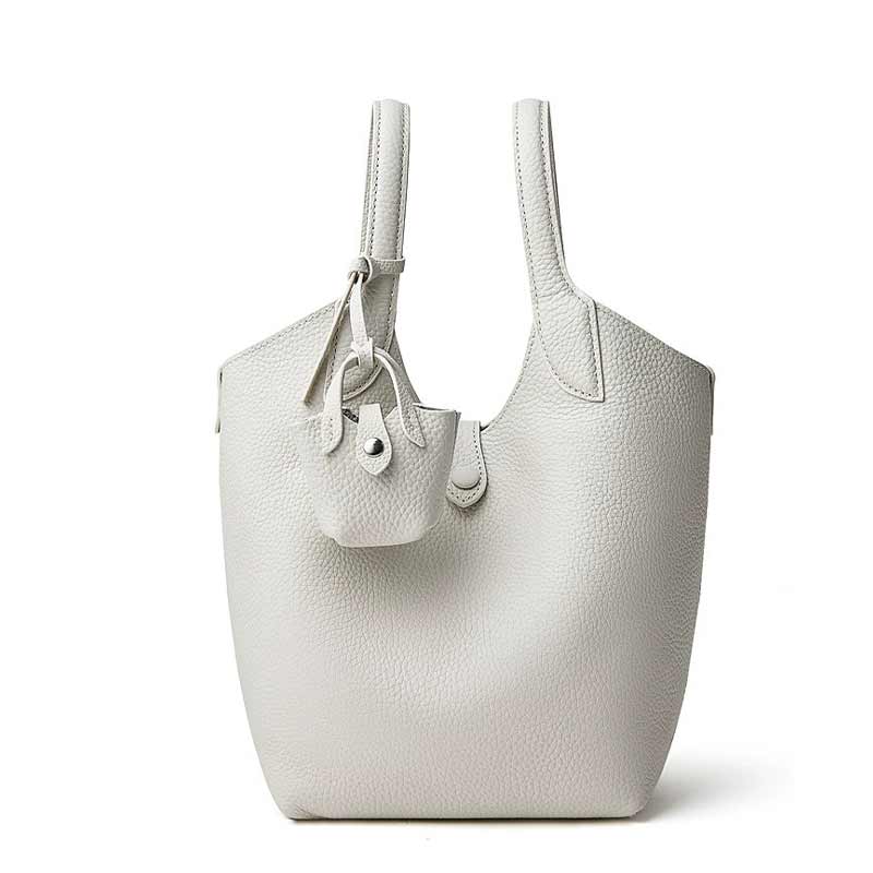 white Genuine Leather Bucket Bag with Mini Pouch 