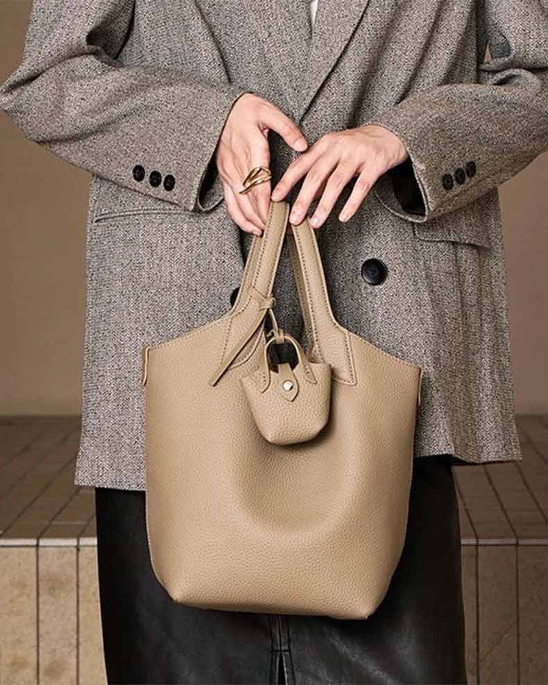 Women's gray Genuine Leather Bucket Bag with Mini Pouch 