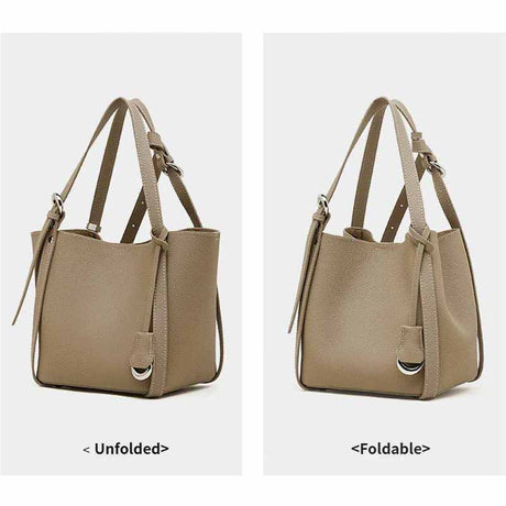 gray handbag shown unfolded and foldable 