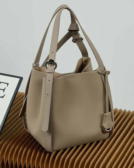gray Leather Bucket Tote Bag 