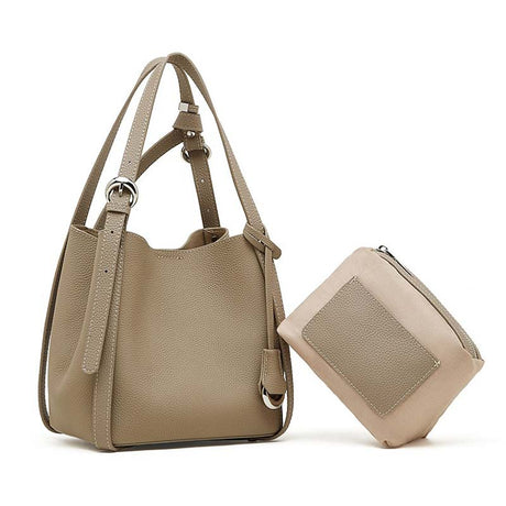 gray handbag and matching pouch 