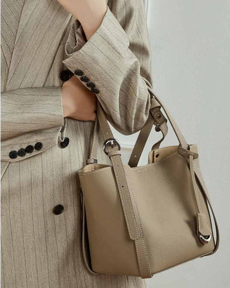 women gray Genuine Leather Bucket Tote Bag 