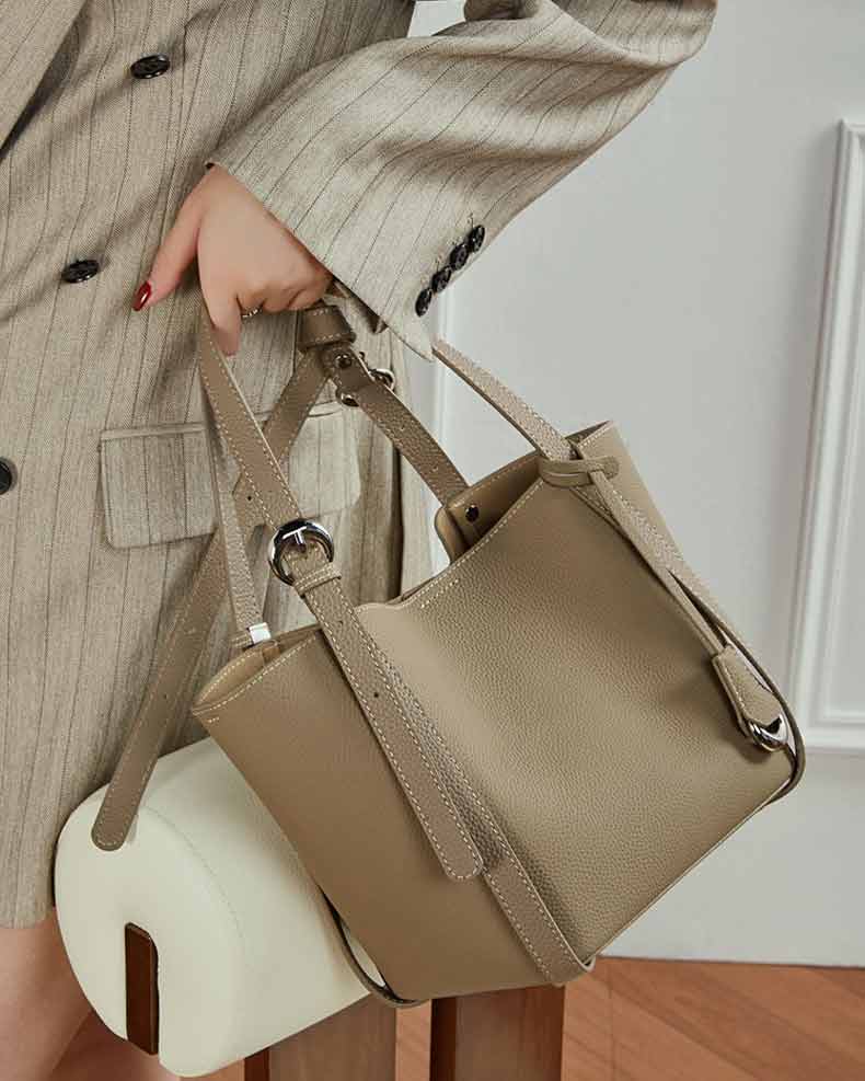 womens gray Genuine Leather Bucket Bag 