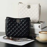 Black and white quilted handbags with chain straps 