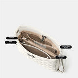 White handbag with labeled compartments 