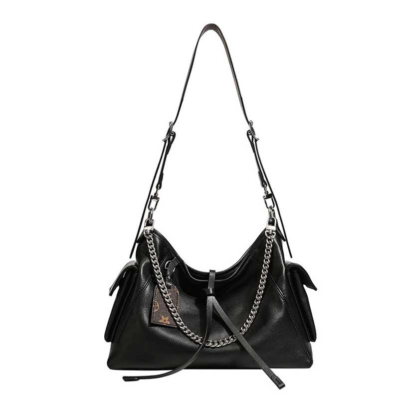 black Genuine Leather Chain Strap Shoulder Bag 
