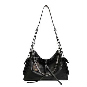 black Genuine Leather Chain Strap Shoulder Bag 