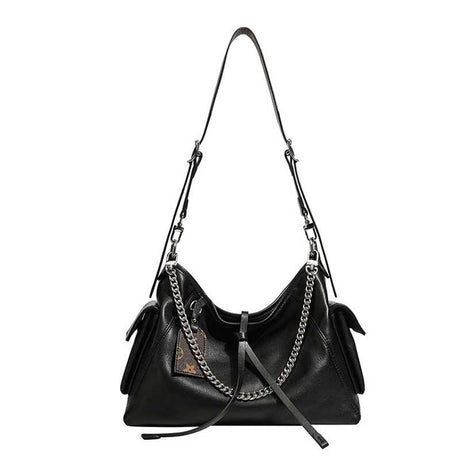 black Genuine Leather Chain Strap Shoulder Bag 