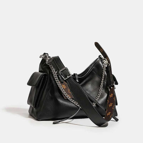 black Leather Chain Strap Shoulder Bag 