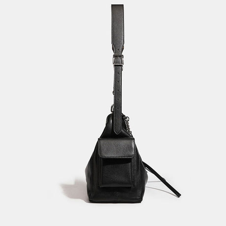 black Genuine Leather Chain Strap Shoulder Bag side view