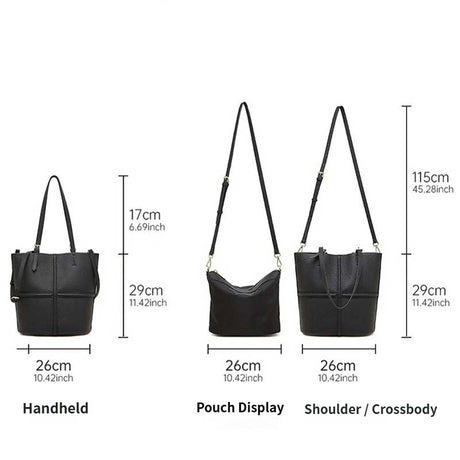 Black handbag with measurements for handheld, pouch display, and shoulder/crossbody use 