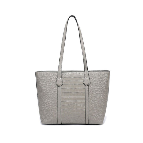 gray Leather Croc-Embossed Structured Tote Bag