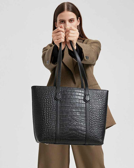 Women's black Genuine Leather Croc-Embossed Bag