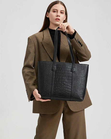 Women's black Genuine Leather Croc-Embossed Structured Tote Bag