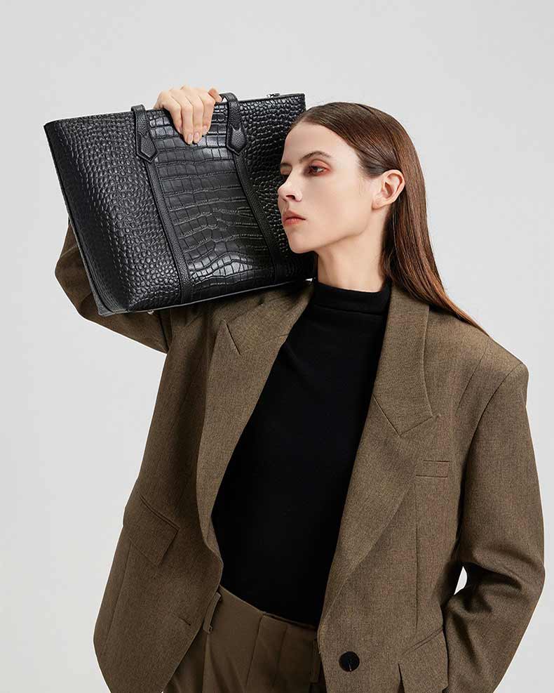 Women's black Genuine Leather Croc-Embossed Structured Tote Bag