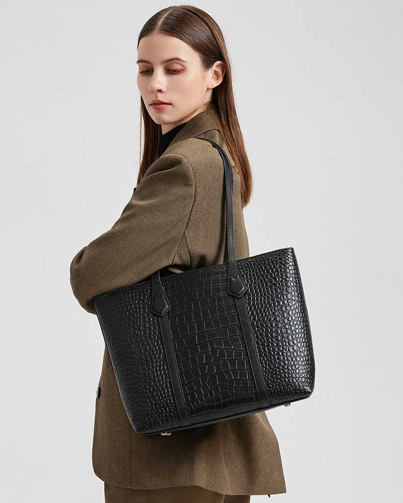 Women's black Leather Croc-Embossed Structured Tote Bag