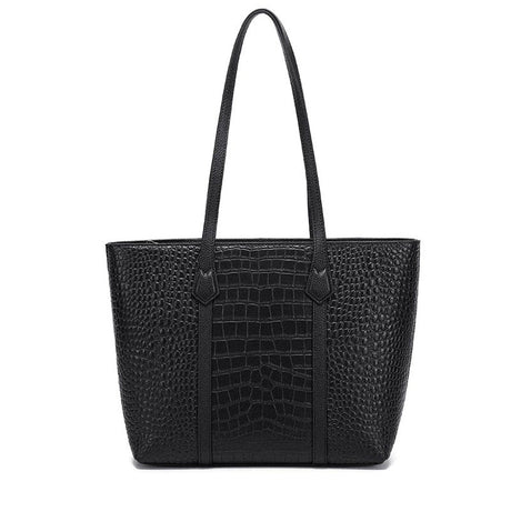 black Genuine Leather Croc-Embossed Structured Tote Bag
