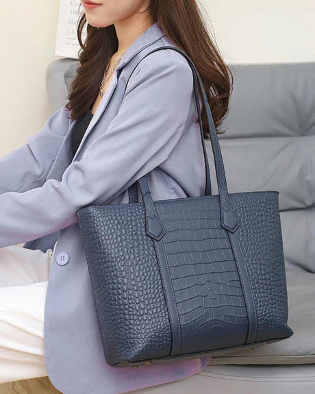 Women's Royal Blue Leather Croc-Embossed  Bag