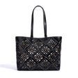 black Genuine Leather Floral Cutout Tote Bag