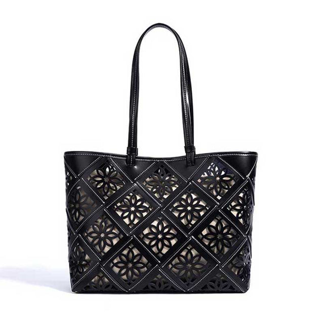 black Genuine Leather Floral Cutout Tote Bag