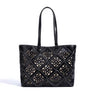 black Genuine Leather Floral Cutout Tote Bag