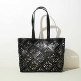 Women's black Genuine Leather Floral Cutout Tote Bag