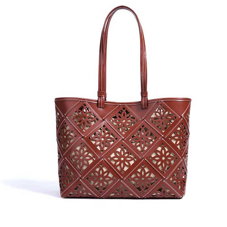 burgundy Genuine Leather Floral Cutout Tote Bag